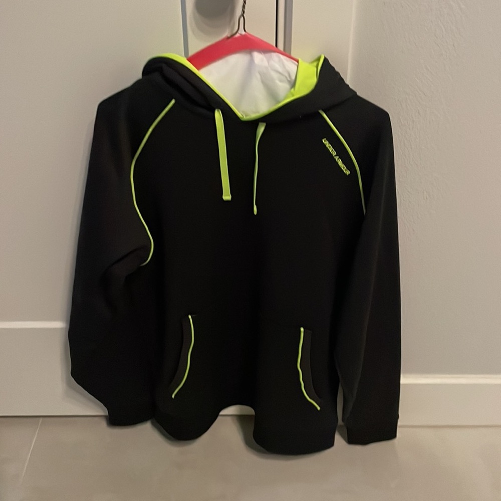 Under Armour, men’s hoodie sweatshirt, sz med, black w fluorescent yell/gr trim